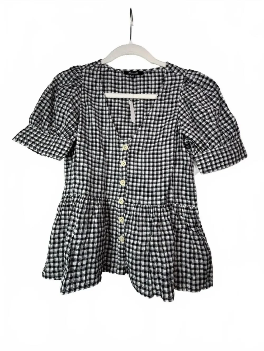 Madewell Black White Gingham Peplum Top Puff Sleeve Cottagecore XXS NWT